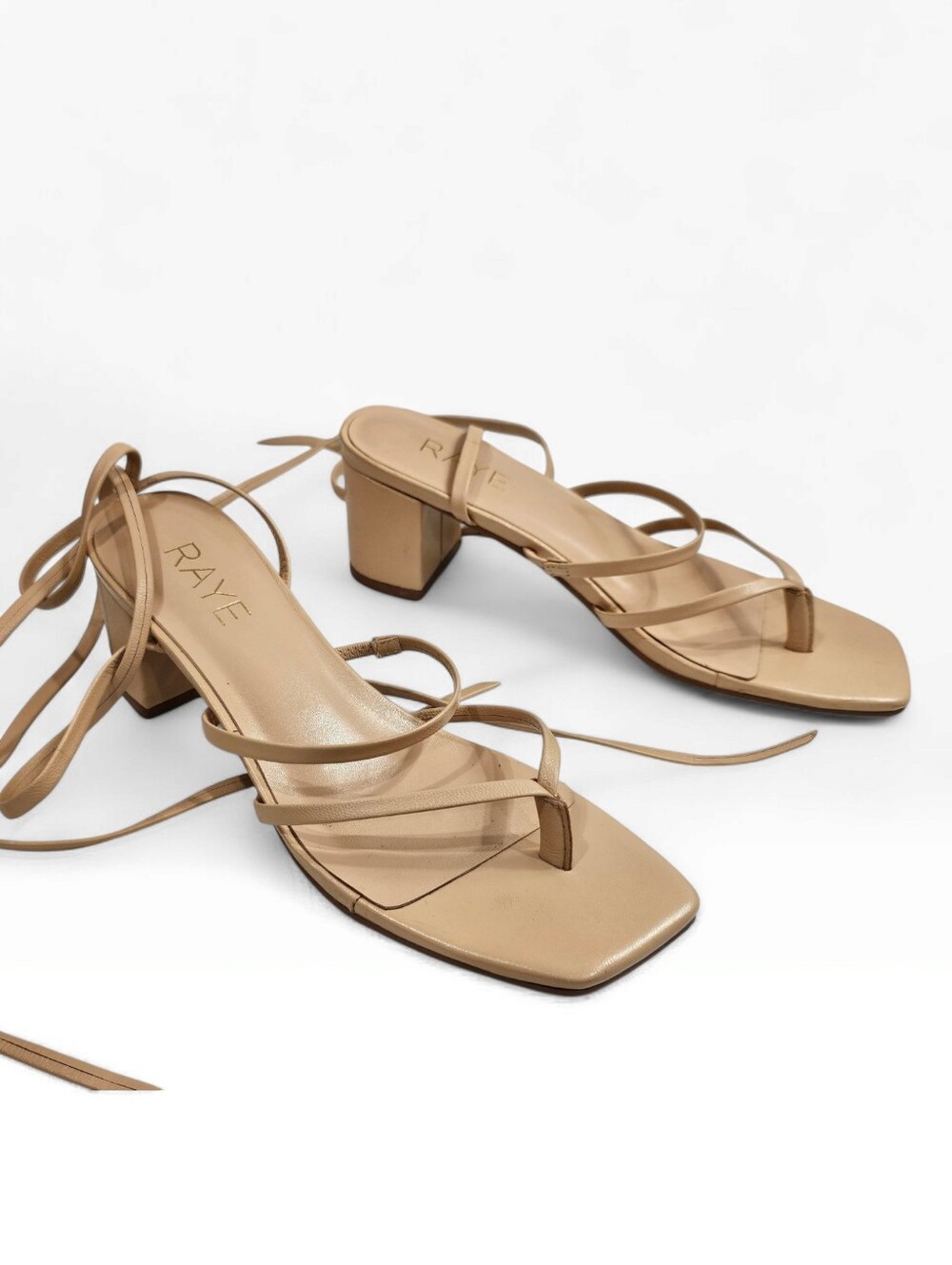 RAYE Revolve Nude Leather Toe Post Block Heel Ankle Wrap Tie Sandals 6